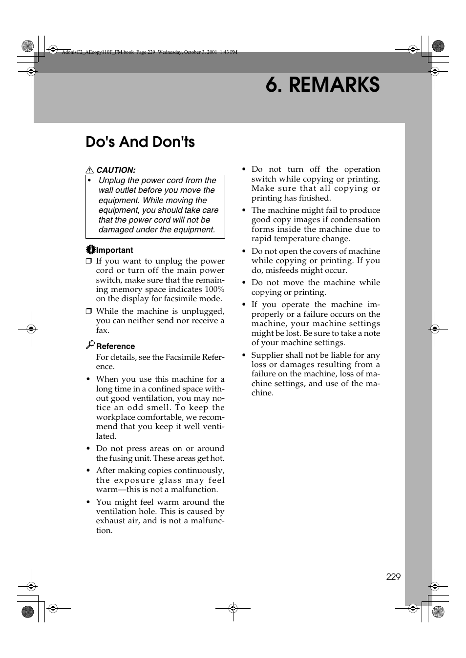 Remarks, Do's and don'ts | Ricoh AFICIO 1035 User Manual | Page 243 / 264