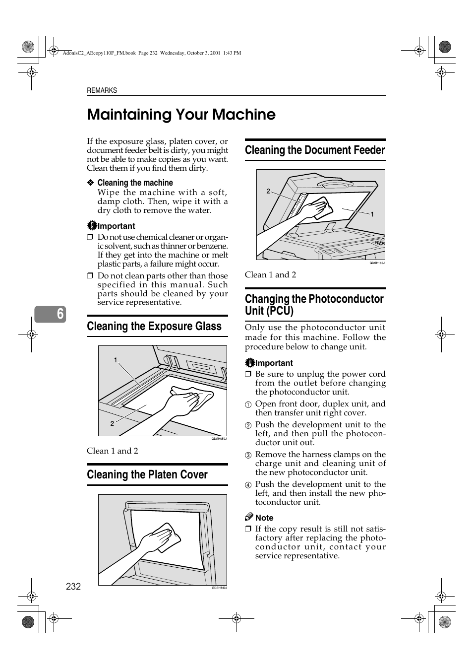 Maintaining your machine, Cleaning the document feeder, Cleaning the platen cover | 6maintaining your machine, Cleaning the exposure glass, Changing the photoconductor unit (pcu) | Ricoh AFICIO 1035 User Manual | Page 246 / 264