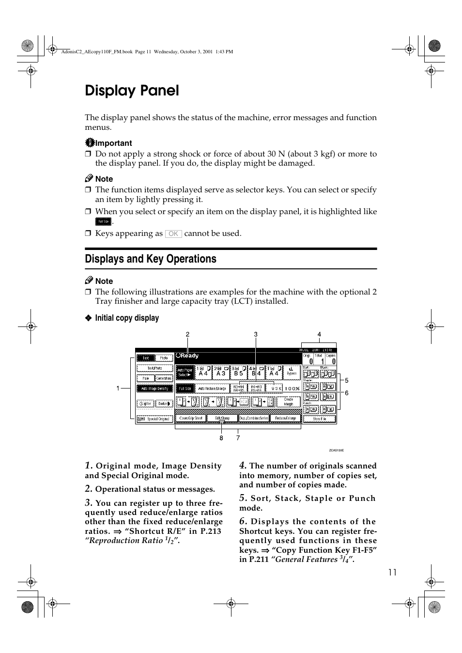 Display panel, Displays and key operations | Ricoh AFICIO 1035 User Manual | Page 25 / 264