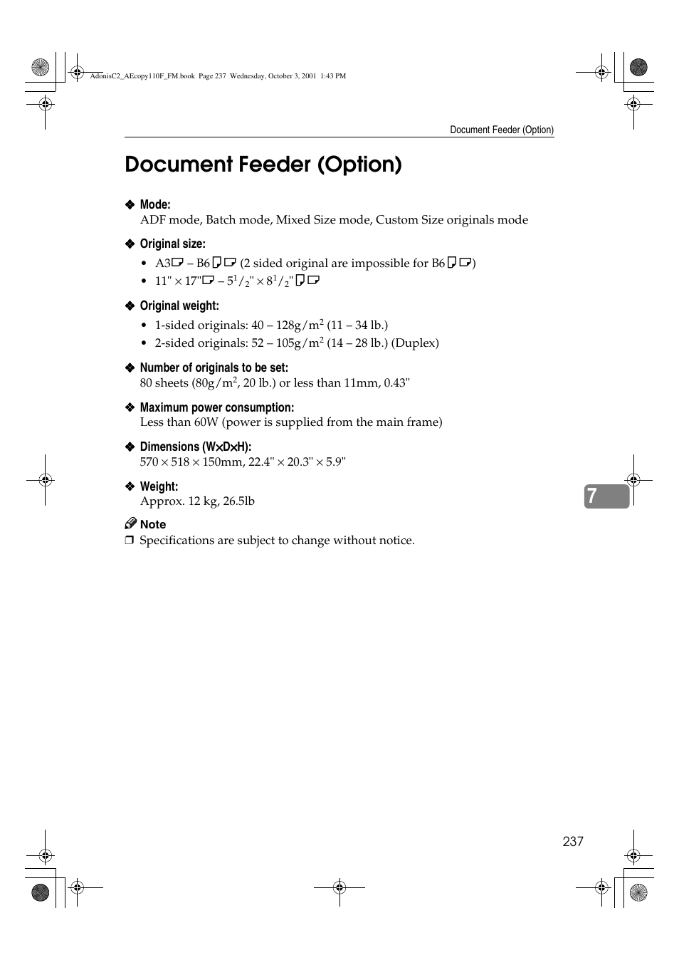 Document feeder (option), 7document feeder (option) | Ricoh AFICIO 1035 User Manual | Page 251 / 264