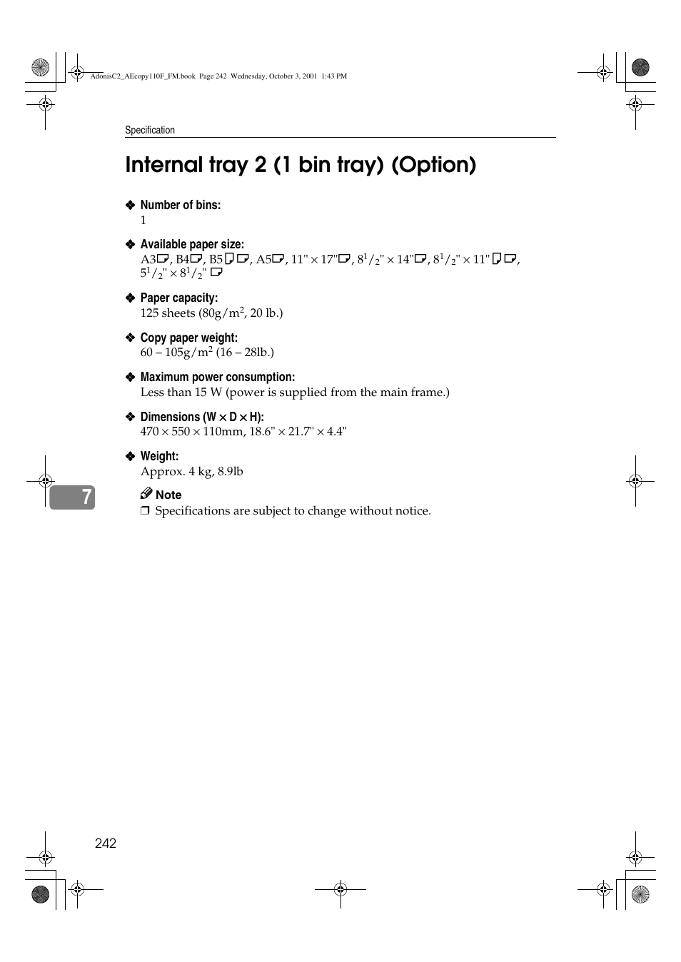 Internal tray 2 (1 bin tray) (option), 7internal tray 2 (1 bin tray) (option) | Ricoh AFICIO 1035 User Manual | Page 256 / 264
