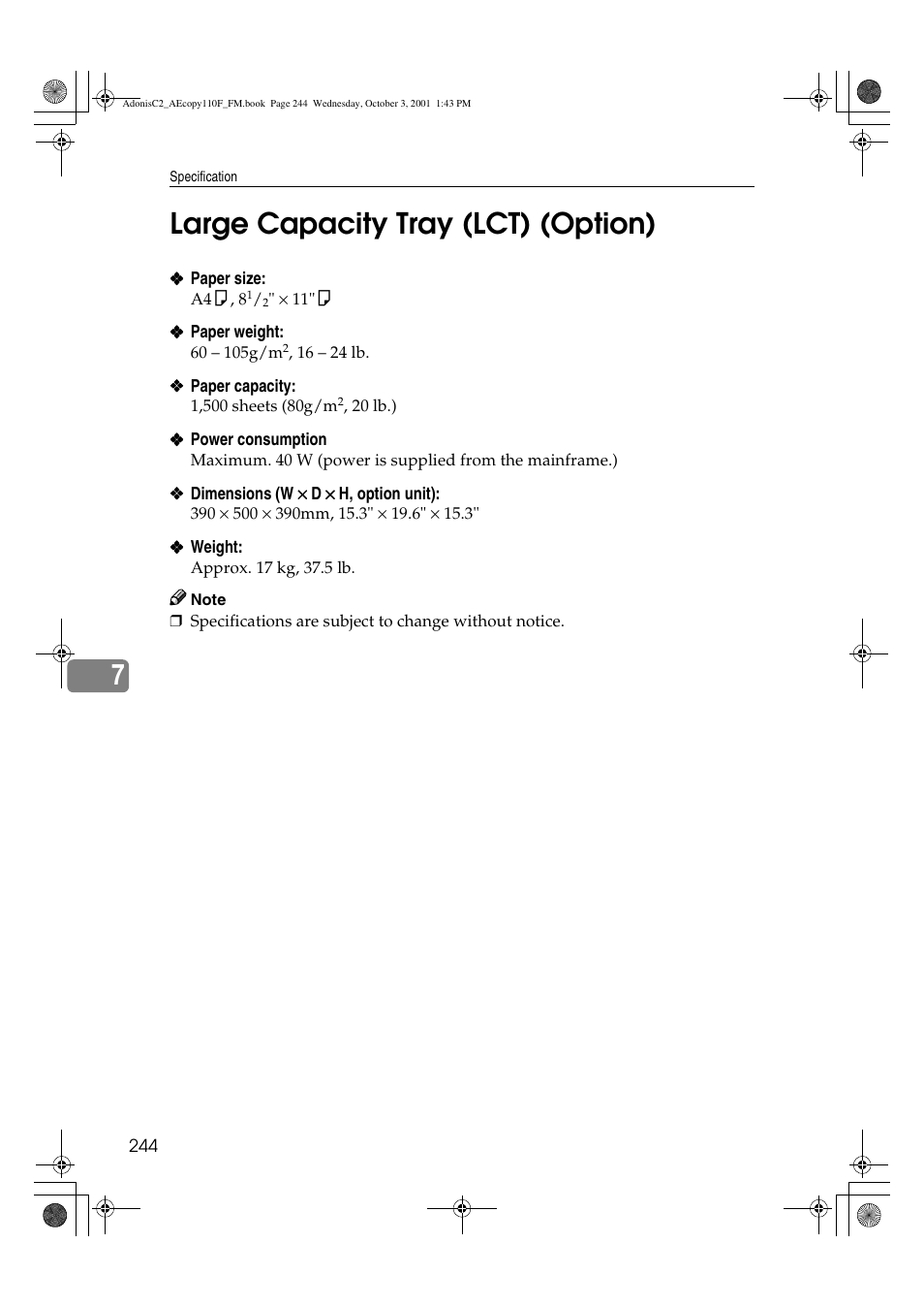 Large capacity tray (lct) (option), 7large capacity tray (lct) (option) | Ricoh AFICIO 1035 User Manual | Page 258 / 264