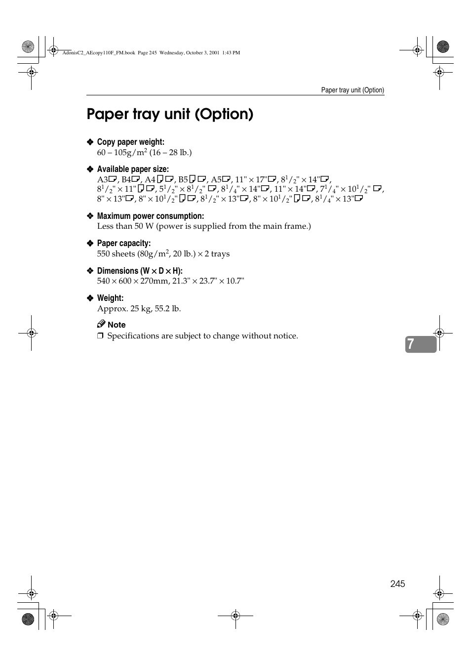 Paper tray unit (option), 7paper tray unit (option) | Ricoh AFICIO 1035 User Manual | Page 259 / 264
