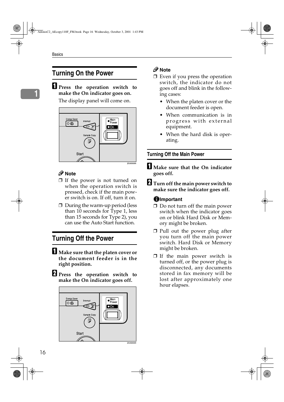 Turning on the power, Turning off the power | Ricoh AFICIO 1035 User Manual | Page 30 / 264