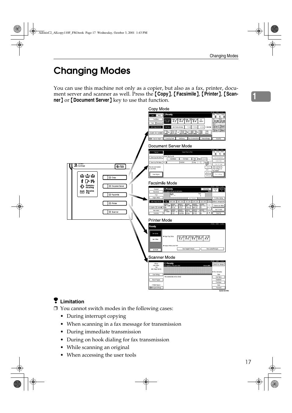 Changing modes, 1changing modes | Ricoh AFICIO 1035 User Manual | Page 31 / 264