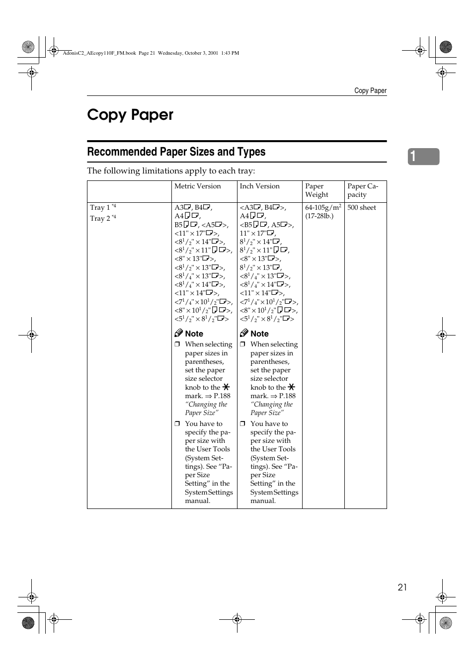 Copy paper, Recommended paper sizes and types, 1copy paper | The following limitations apply to each tray | Ricoh AFICIO 1035 User Manual | Page 35 / 264