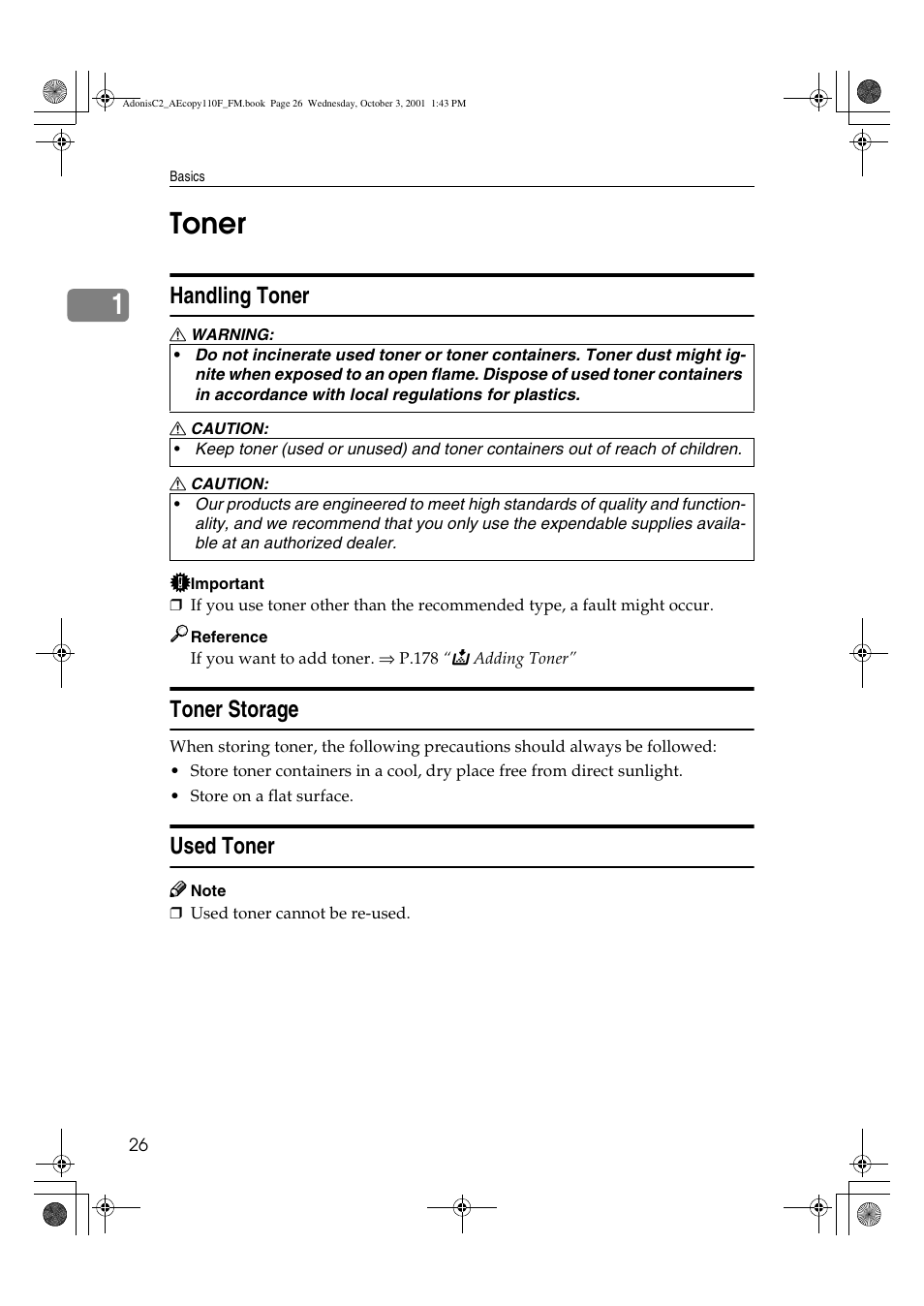 Toner, Handling toner, Toner storage | Used toner, 1toner | Ricoh AFICIO 1035 User Manual | Page 40 / 264