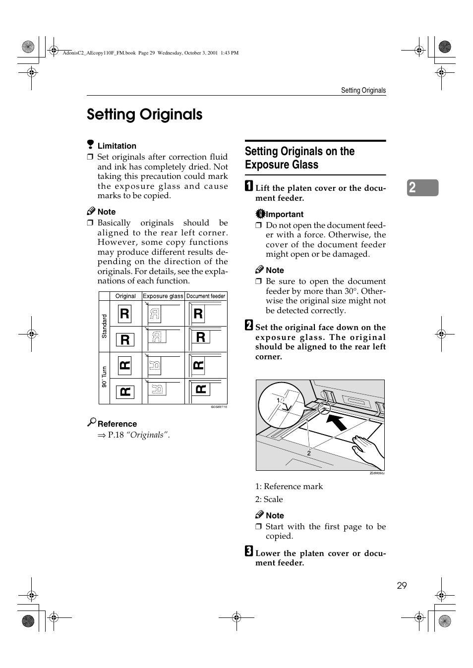 Setting originals, Setting originals on the exposure glass, 2setting originals | Ricoh AFICIO 1035 User Manual | Page 43 / 264