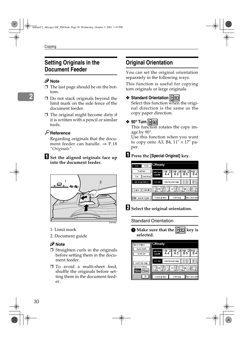 Setting originals in the document feeder, Original orientation | Ricoh AFICIO 1035 User Manual | Page 44 / 264