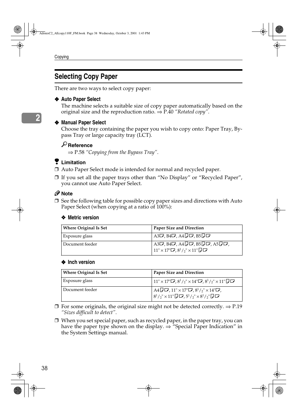 Selecting copy paper | Ricoh AFICIO 1035 User Manual | Page 52 / 264