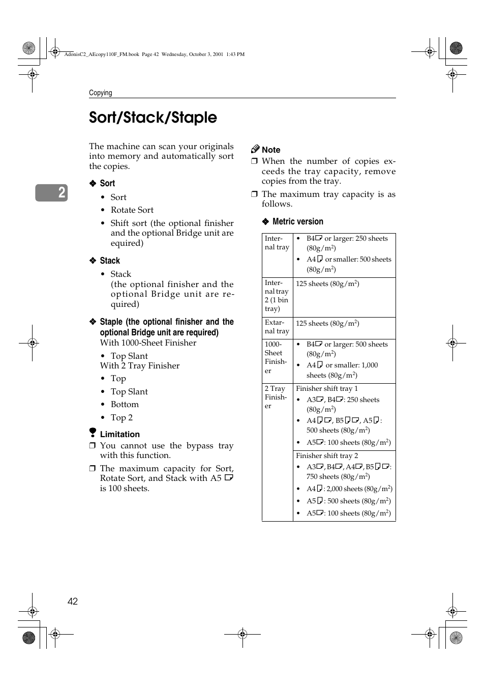 Sort/stack/staple, 2sort/stack/staple | Ricoh AFICIO 1035 User Manual | Page 56 / 264