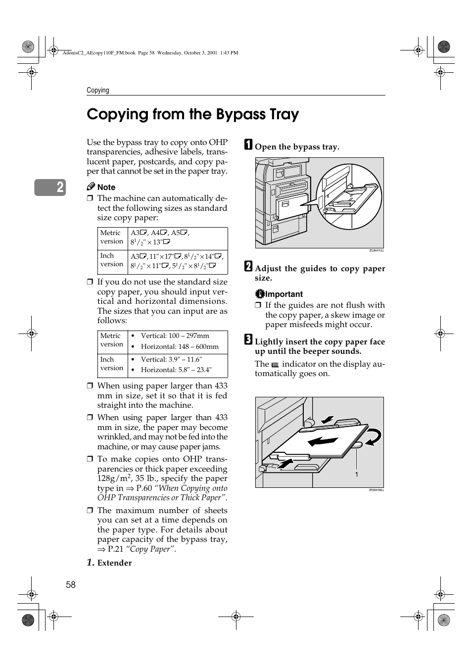 Copying from the bypass tray, 2copying from the bypass tray | Ricoh AFICIO 1035 User Manual | Page 72 / 264