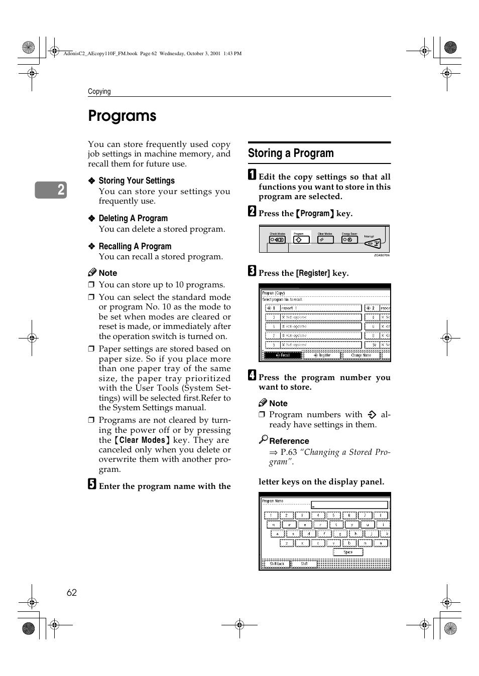 Programs, Storing a program, 2programs | Ricoh AFICIO 1035 User Manual | Page 76 / 264