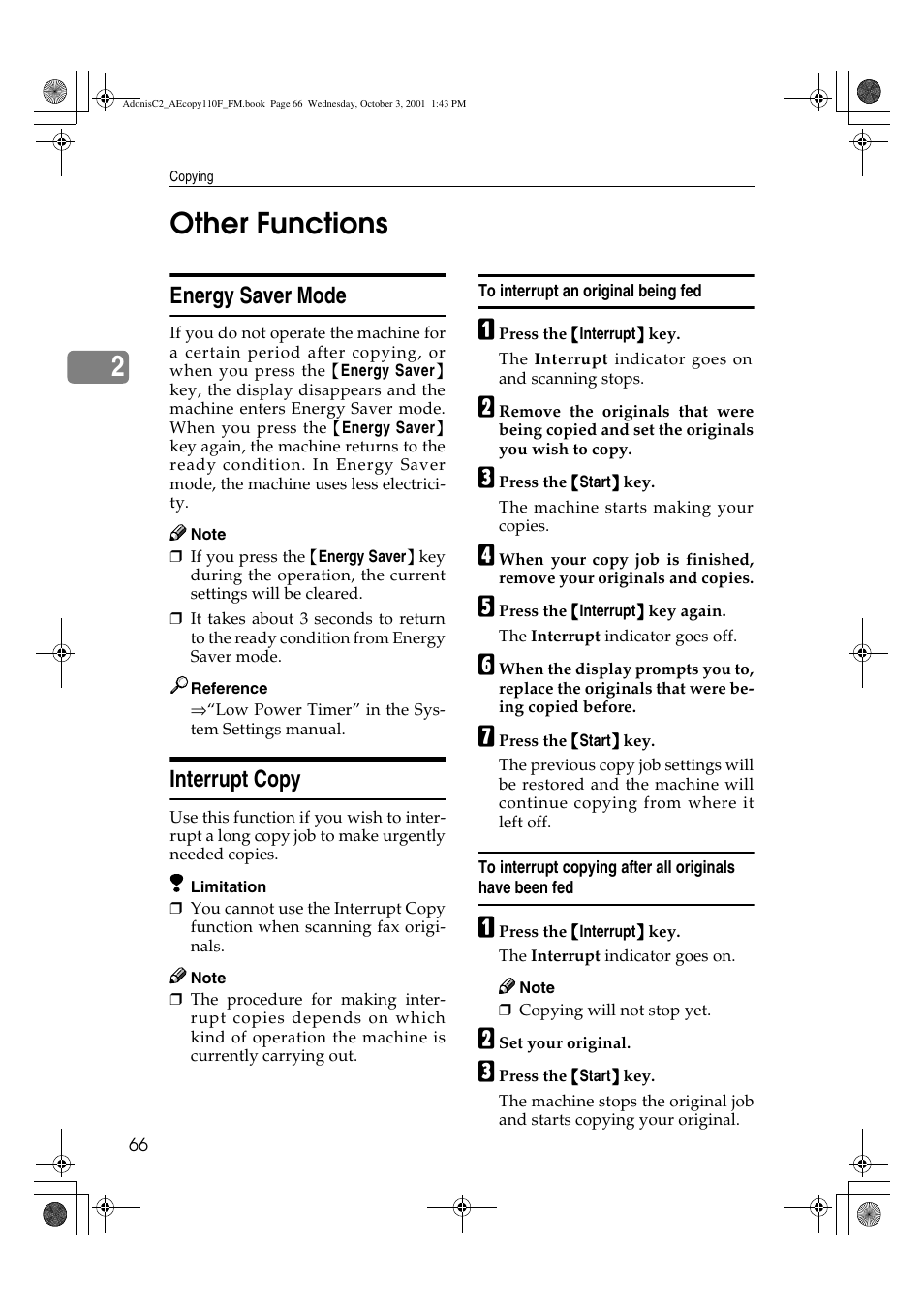 Other functions, Energy saver mode, Interrupt copy | 2other functions | Ricoh AFICIO 1035 User Manual | Page 80 / 264