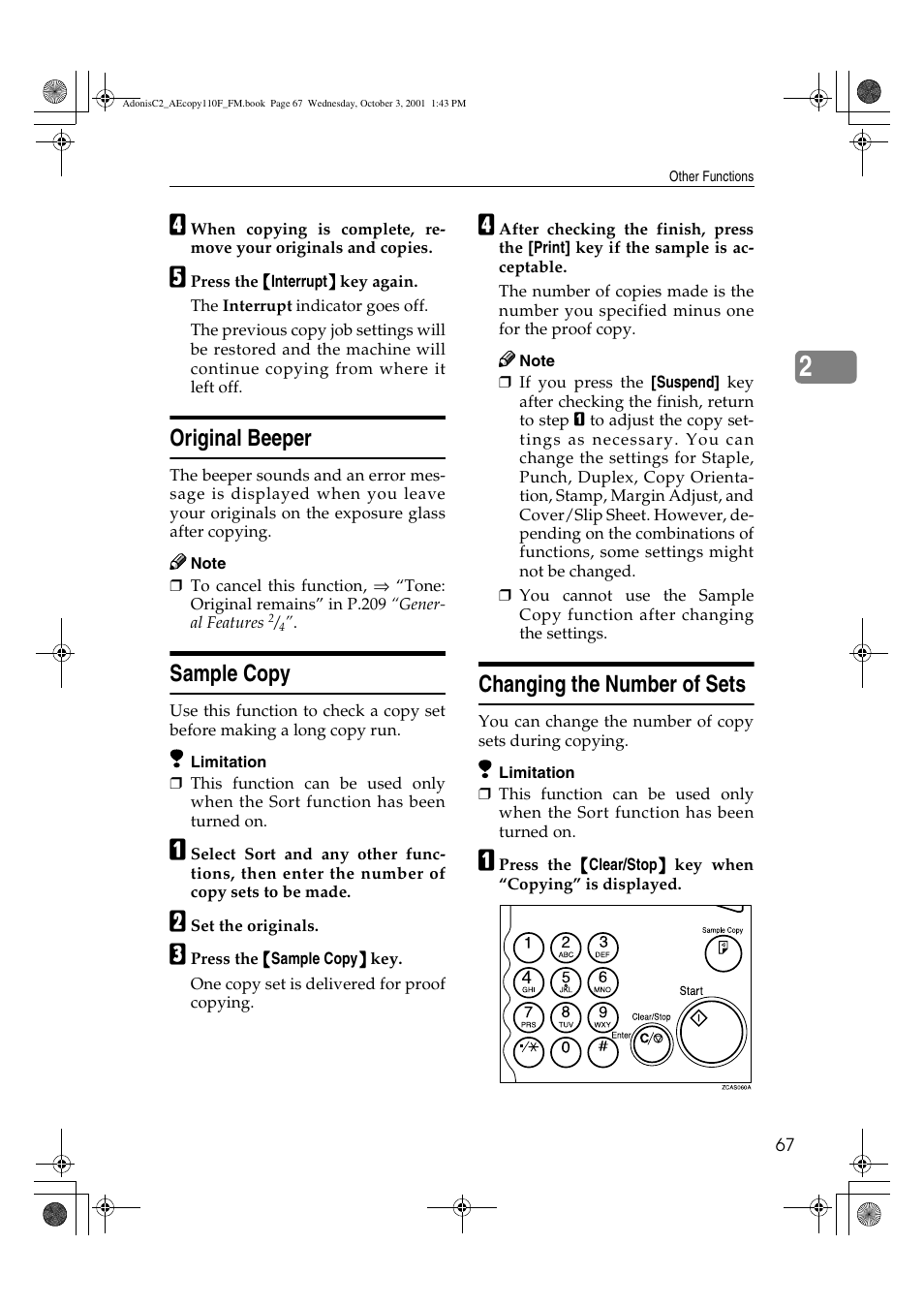 Original beeper, Sample copy changing the number of sets, Sample copy | Changing the number of sets | Ricoh AFICIO 1035 User Manual | Page 81 / 264