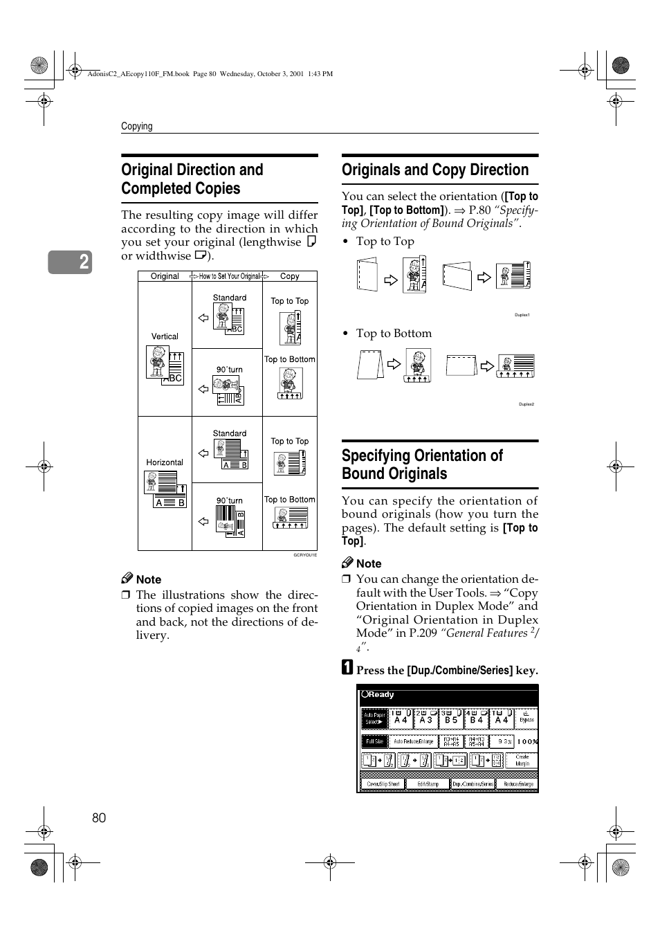 Specifying orientation of bound originals, Original direction and completed copies, Originals and copy direction | Ricoh AFICIO 1035 User Manual | Page 94 / 264