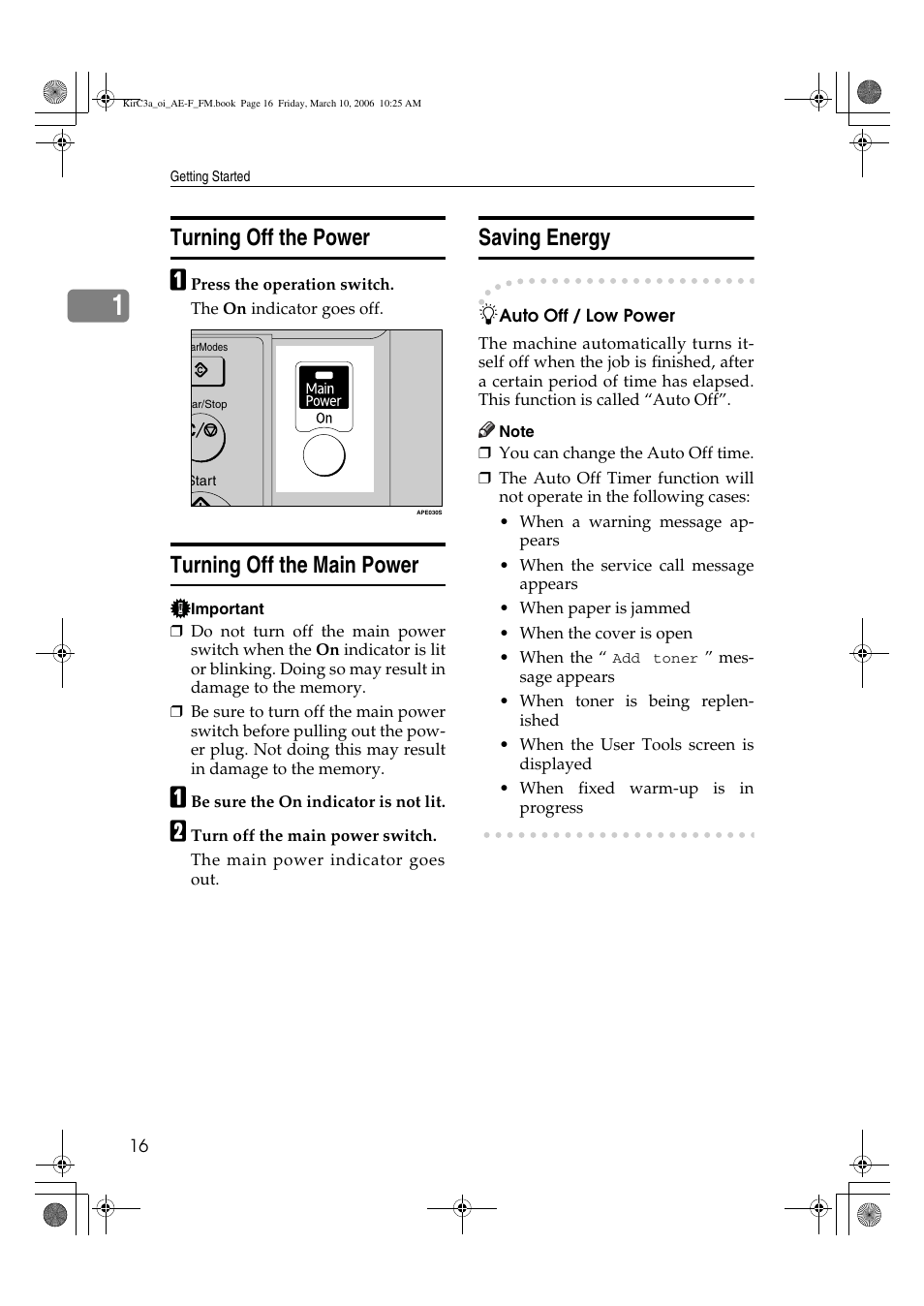 Turning off the power, Turning off the main power, Saving energy | Ricoh Aficio IS 2315 User Manual | Page 22 / 92