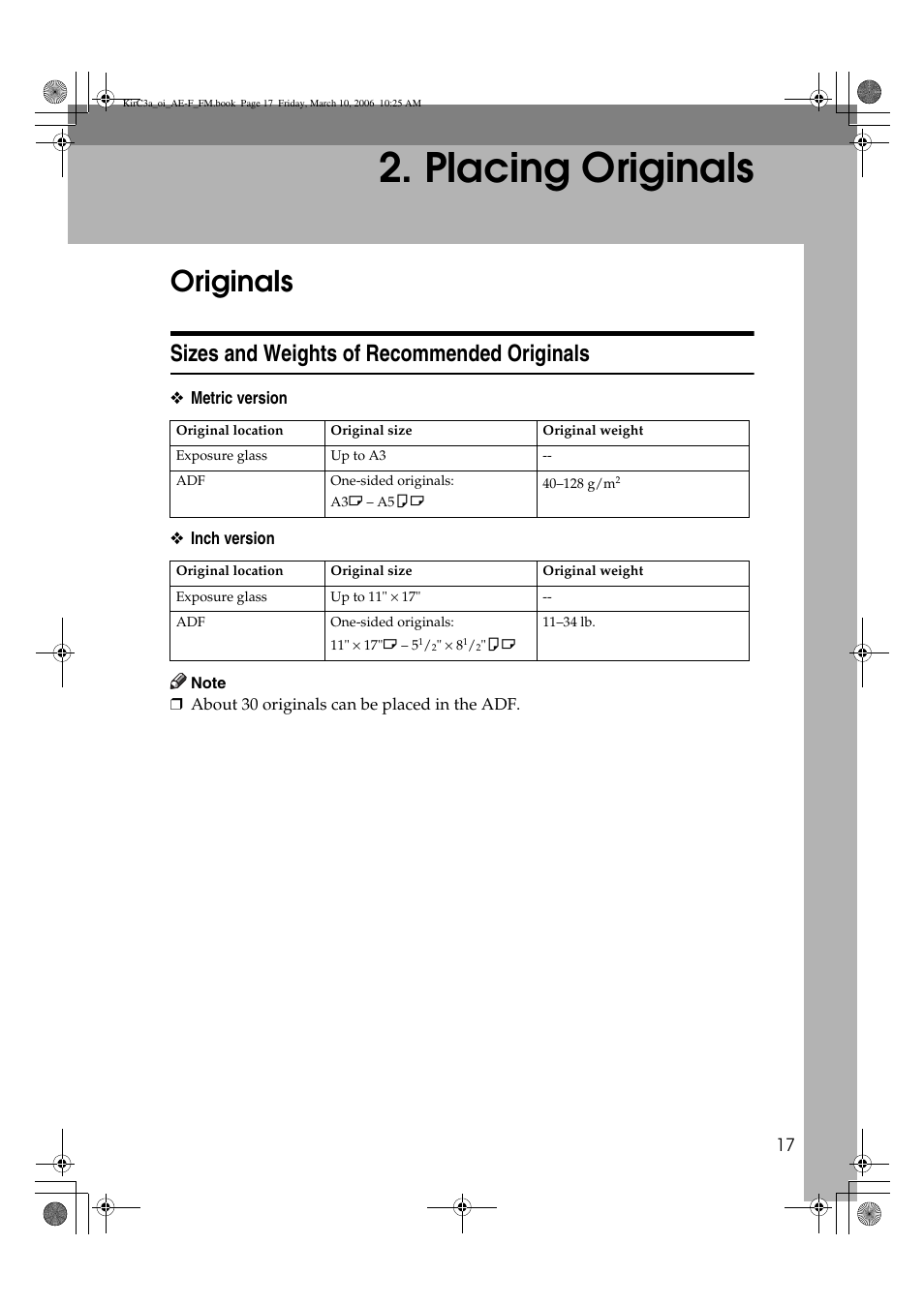 Placing originals, Originals, Sizes and weights of recommended originals | Ricoh Aficio IS 2315 User Manual | Page 23 / 92