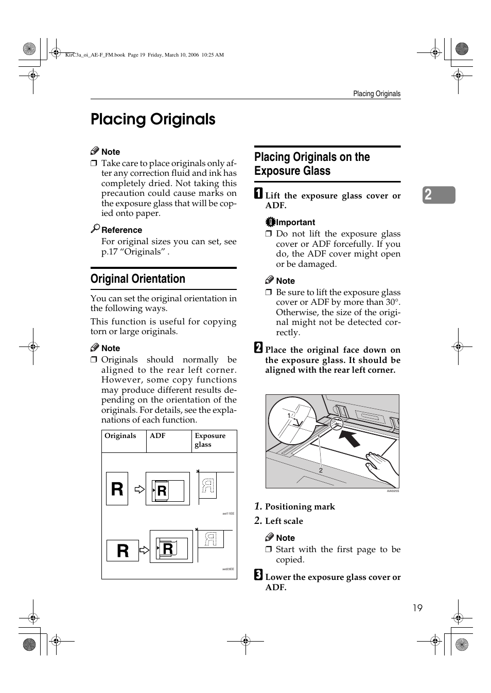 2placing originals, Original orientation, Placing originals on the exposure glass | Ricoh Aficio IS 2315 User Manual | Page 25 / 92