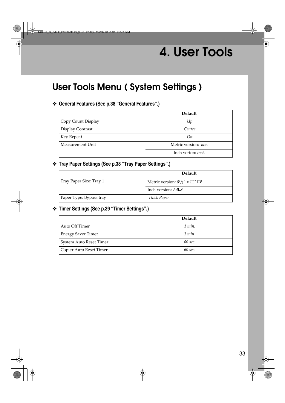 User tools, User tools menu ( system settings ) | Ricoh Aficio IS 2315 User Manual | Page 39 / 92