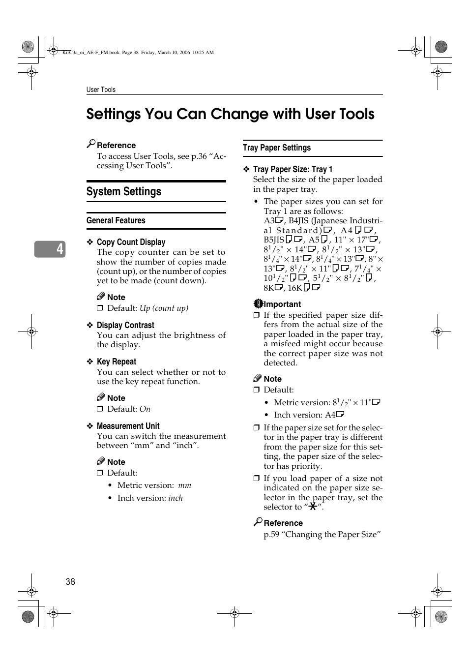 4settings you can change with user tools, System settings | Ricoh Aficio IS 2315 User Manual | Page 44 / 92