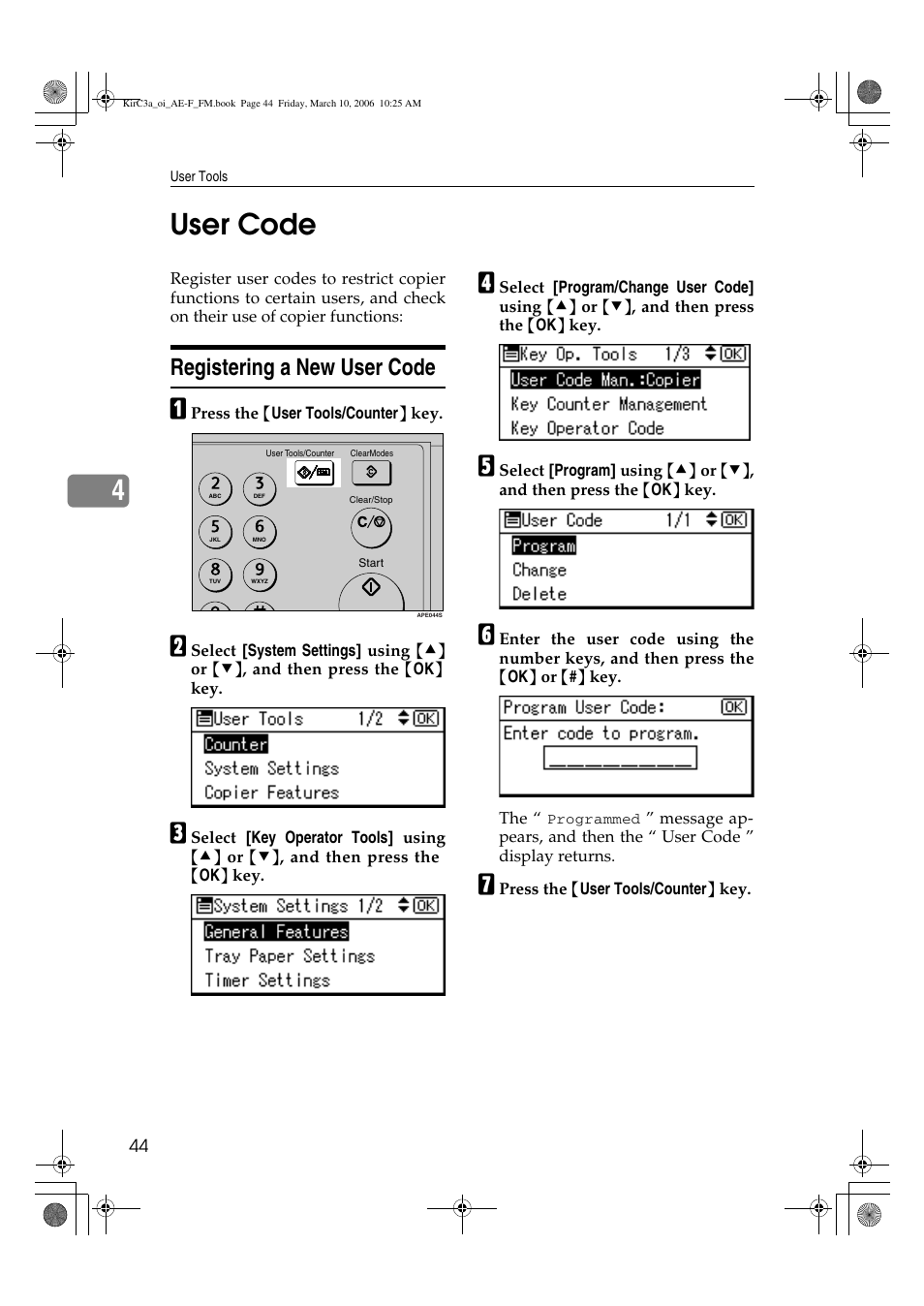 4user code, Registering a new user code | Ricoh Aficio IS 2315 User Manual | Page 50 / 92
