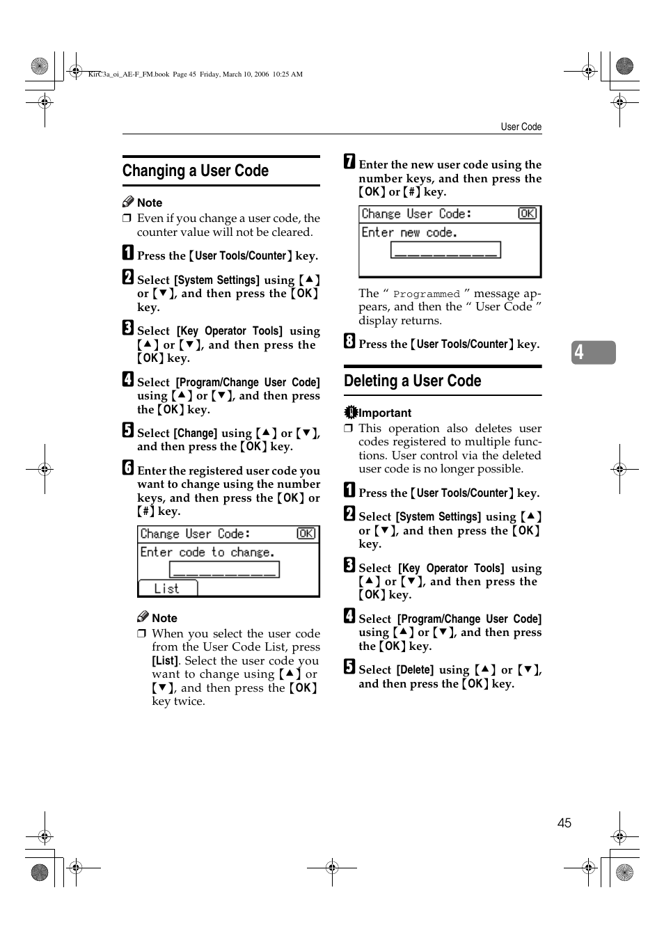 Changing a user code, Deleting a user code | Ricoh Aficio IS 2315 User Manual | Page 51 / 92