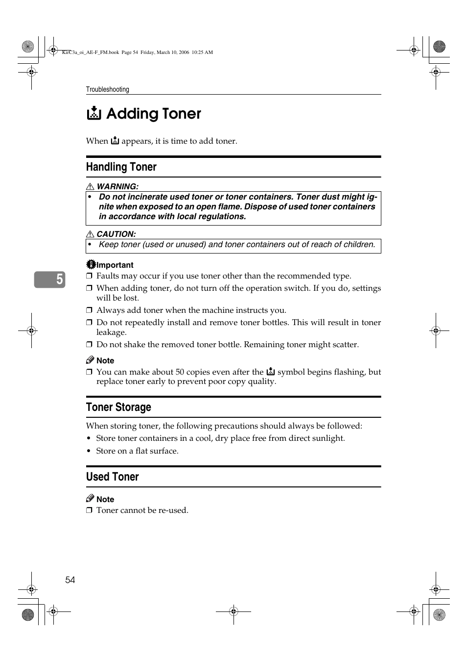 5d adding toner, Handling toner, Toner storage | Used toner | Ricoh Aficio IS 2315 User Manual | Page 60 / 92