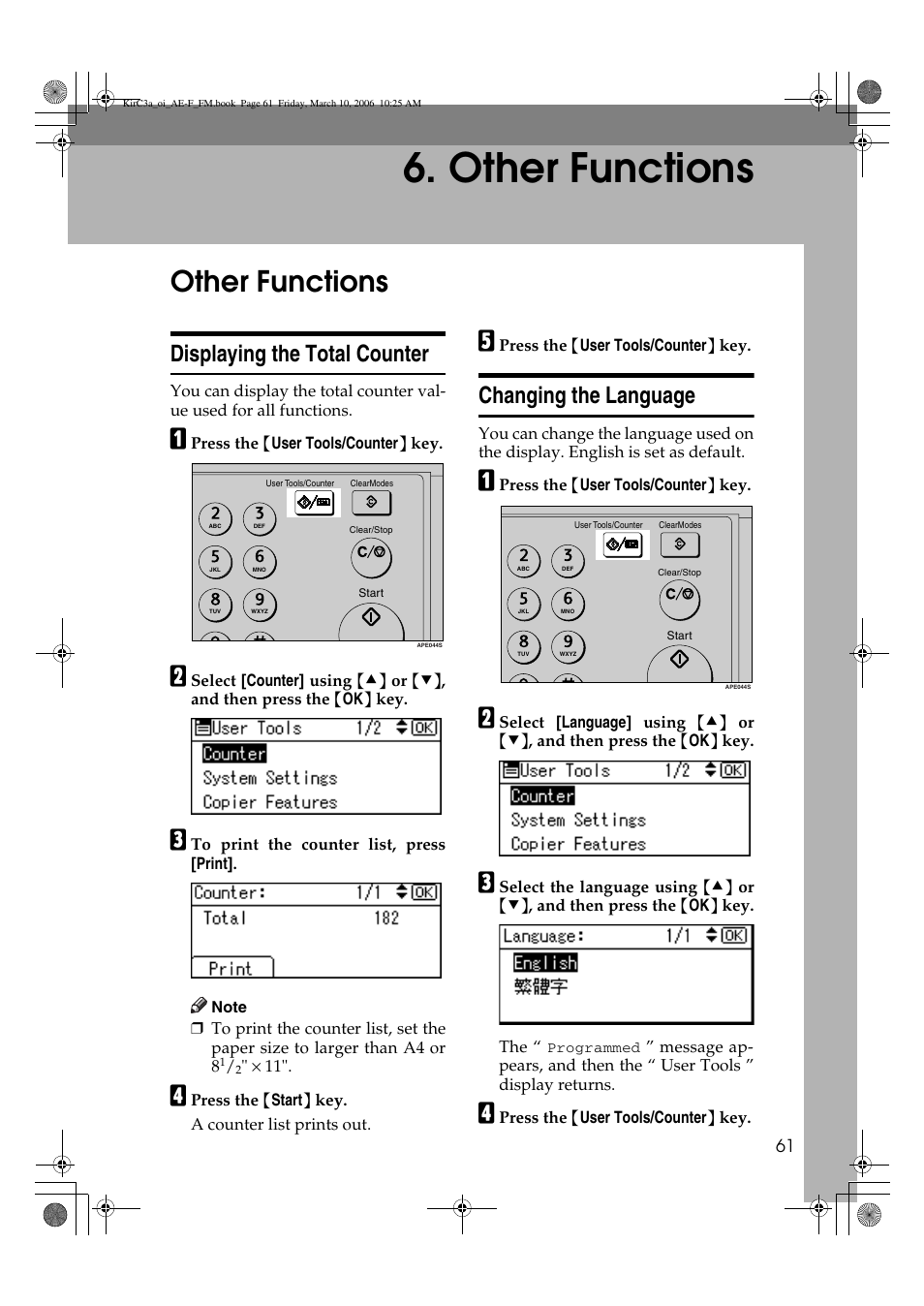 Other functions, Displaying the total counter, Changing the language | Ricoh Aficio IS 2315 User Manual | Page 67 / 92