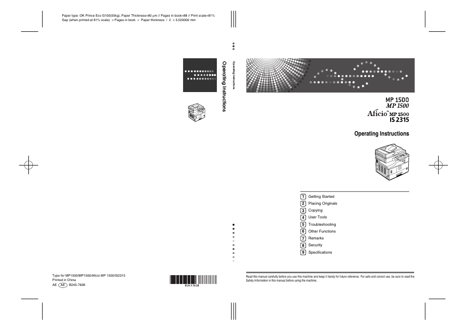 Operating instructions | Ricoh Aficio IS 2315 User Manual | Page 92 / 92