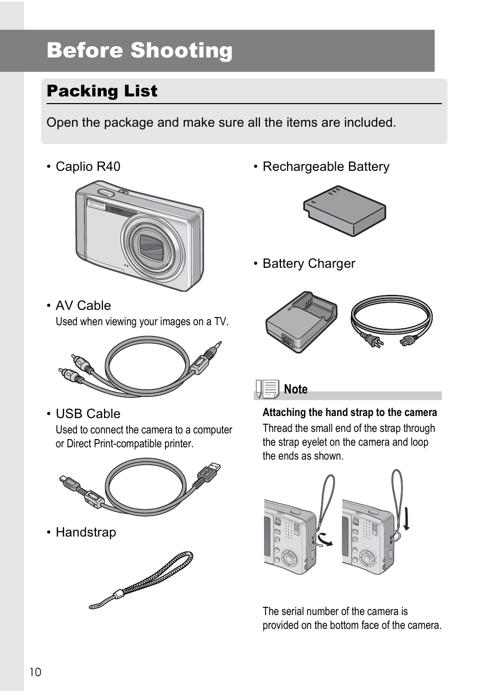Before shooting, Packing list | Ricoh Caplio R40 User Manual | Page 12 / 185