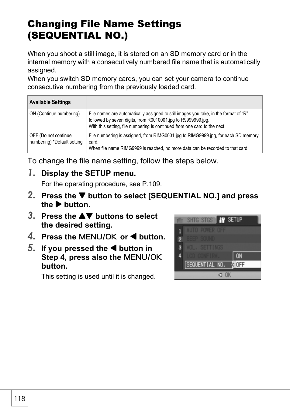 Changing file name settings (sequential no.) | Ricoh Caplio R40 User Manual | Page 120 / 185