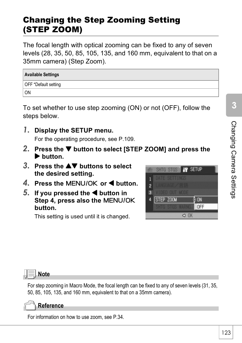 Changing the step zooming setting (step zoom) | Ricoh Caplio R40 User Manual | Page 125 / 185