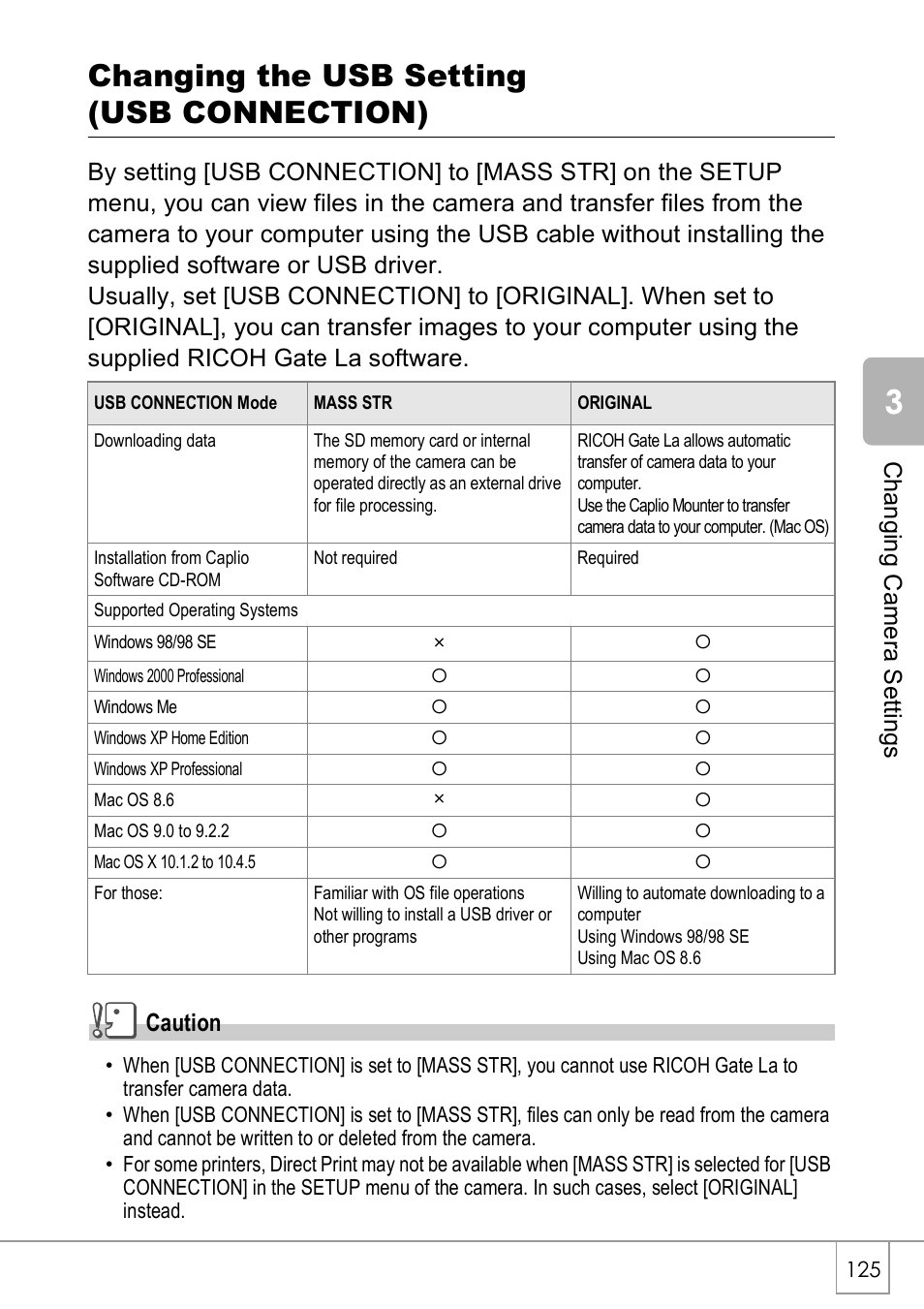 Changing the usb setting (usb connection), Chan gi ng cam era s e ttings | Ricoh Caplio R40 User Manual | Page 127 / 185