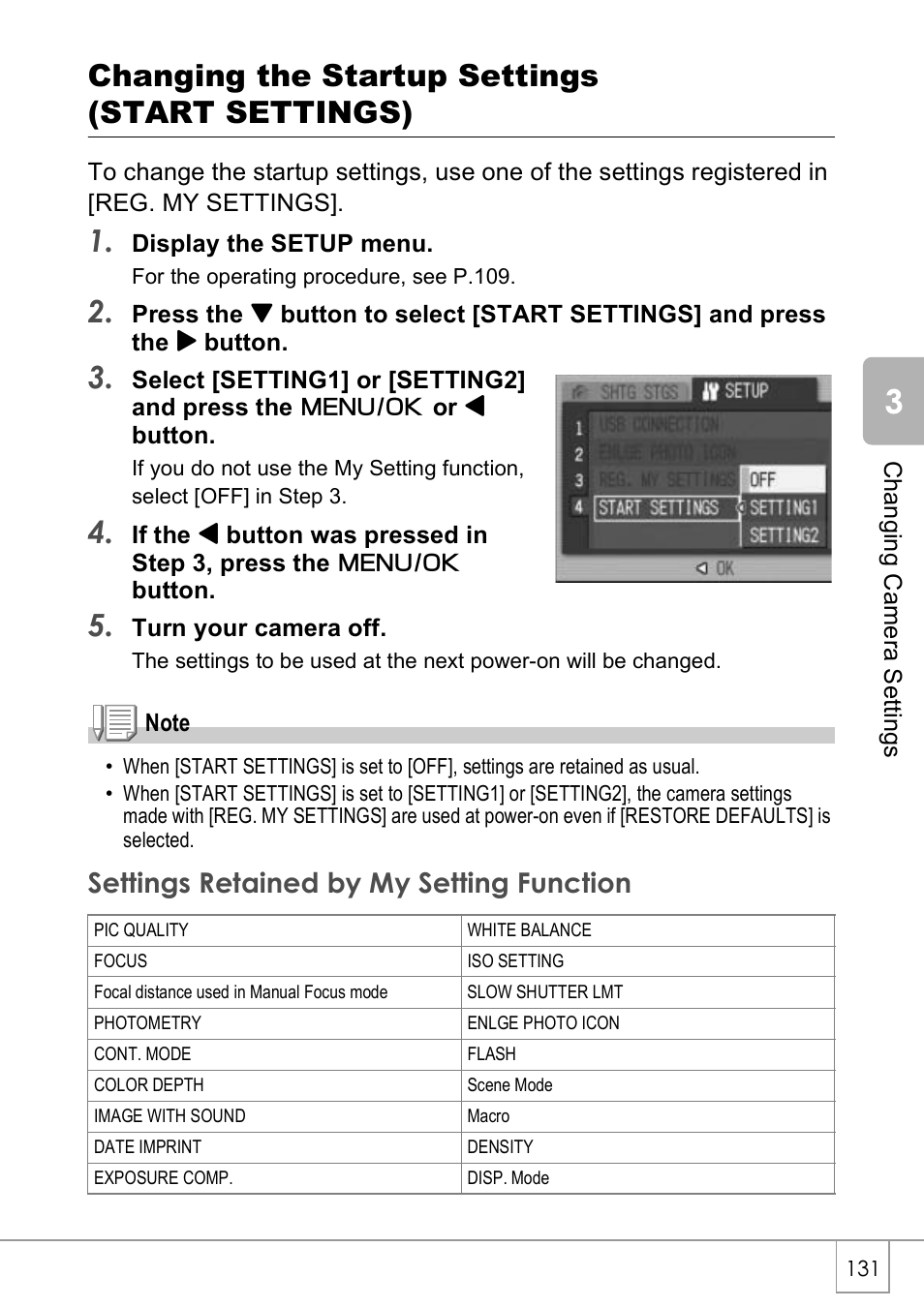 Changing the startup settings (start settings), Settings retained by my setting function | Ricoh Caplio R40 User Manual | Page 133 / 185