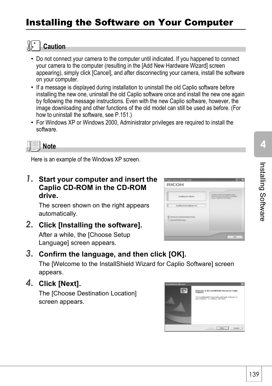 Installing the software on your computer | Ricoh Caplio R40 User Manual | Page 141 / 185