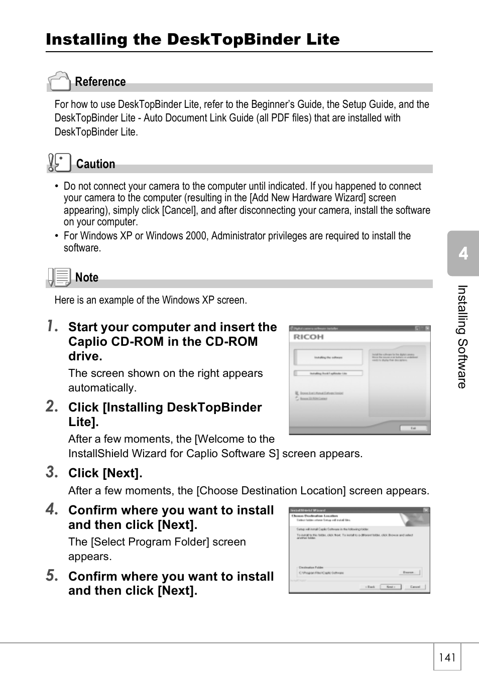 Installing the desktopbinder lite | Ricoh Caplio R40 User Manual | Page 143 / 185