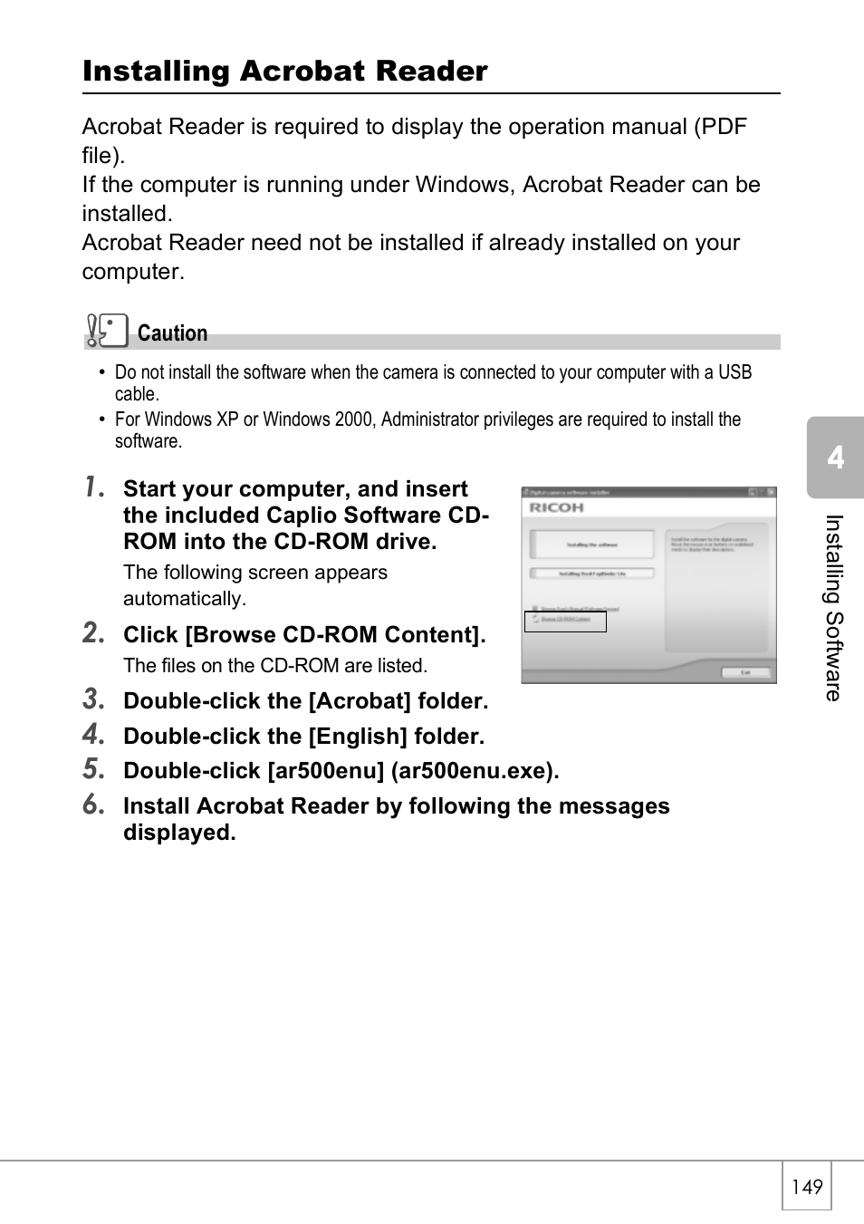 Installing acrobat reader | Ricoh Caplio R40 User Manual | Page 151 / 185