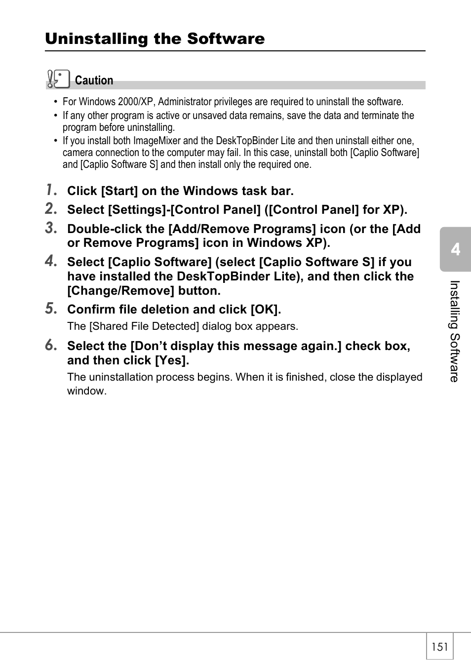 Uninstalling the software | Ricoh Caplio R40 User Manual | Page 153 / 185