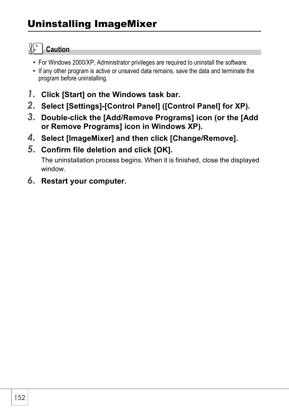 Uninstalling imagemixer | Ricoh Caplio R40 User Manual | Page 154 / 185