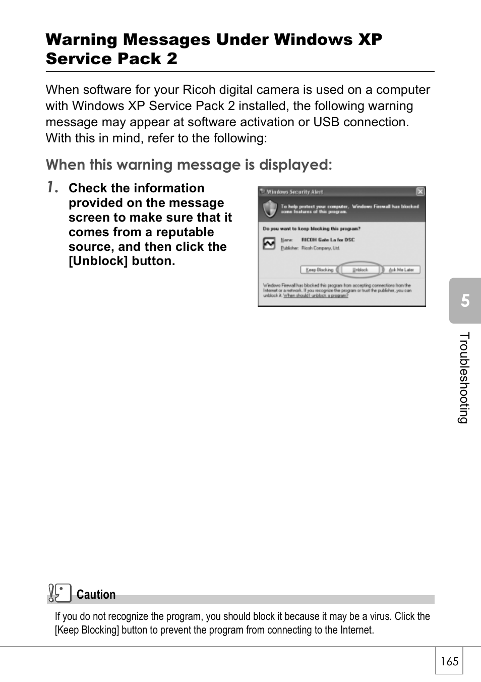 Warning messages under windows xp service pack 2 | Ricoh Caplio R40 User Manual | Page 167 / 185