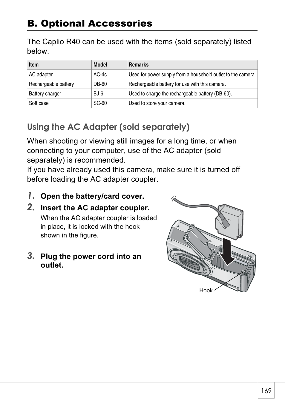 B. optional accessories, Using the ac adapter (sold separately) | Ricoh Caplio R40 User Manual | Page 171 / 185