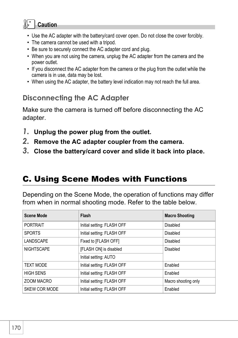 C. using scene modes with functions, Disconnecting the ac adapter, Caution | Unplug the power plug from the outlet, Remove the ac adapter coupler from the camera | Ricoh Caplio R40 User Manual | Page 172 / 185