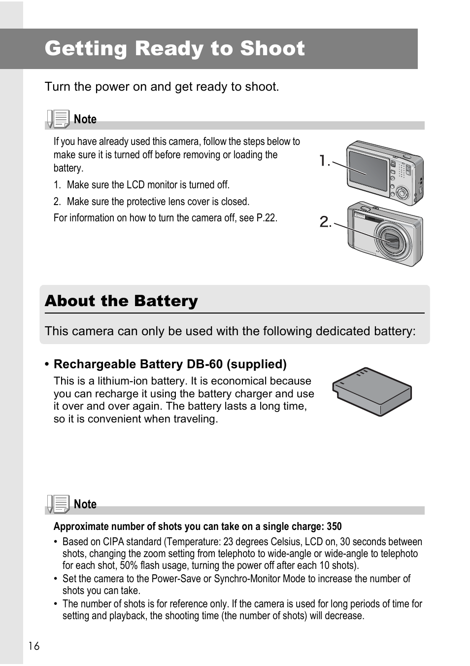 Getting ready to shoot, About the battery | Ricoh Caplio R40 User Manual | Page 18 / 185