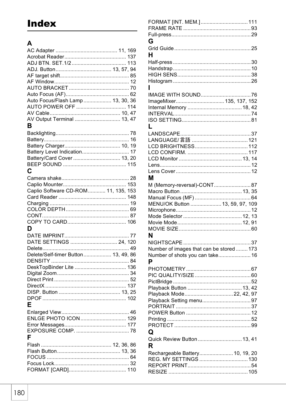 Index | Ricoh Caplio R40 User Manual | Page 182 / 185