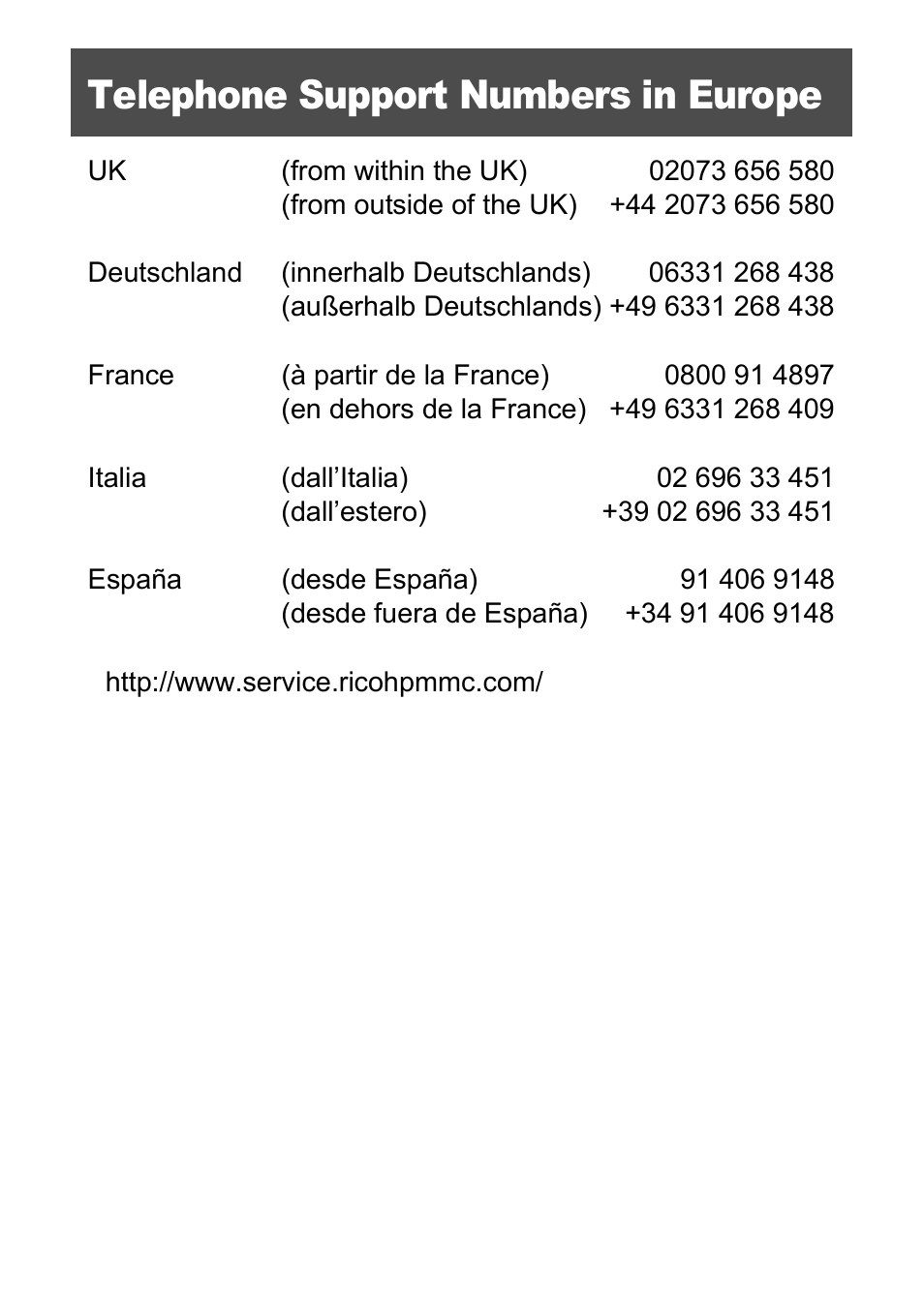 Telephone support numbers in europe | Ricoh Caplio R40 User Manual | Page 184 / 185