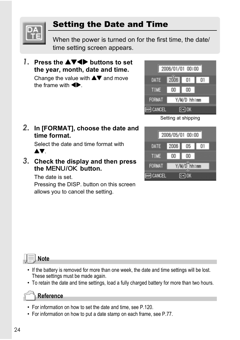 Setting the date and time | Ricoh Caplio R40 User Manual | Page 26 / 185