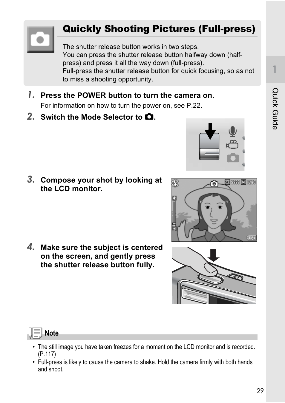 Quickly shooting pictures (full-press) | Ricoh Caplio R40 User Manual | Page 31 / 185