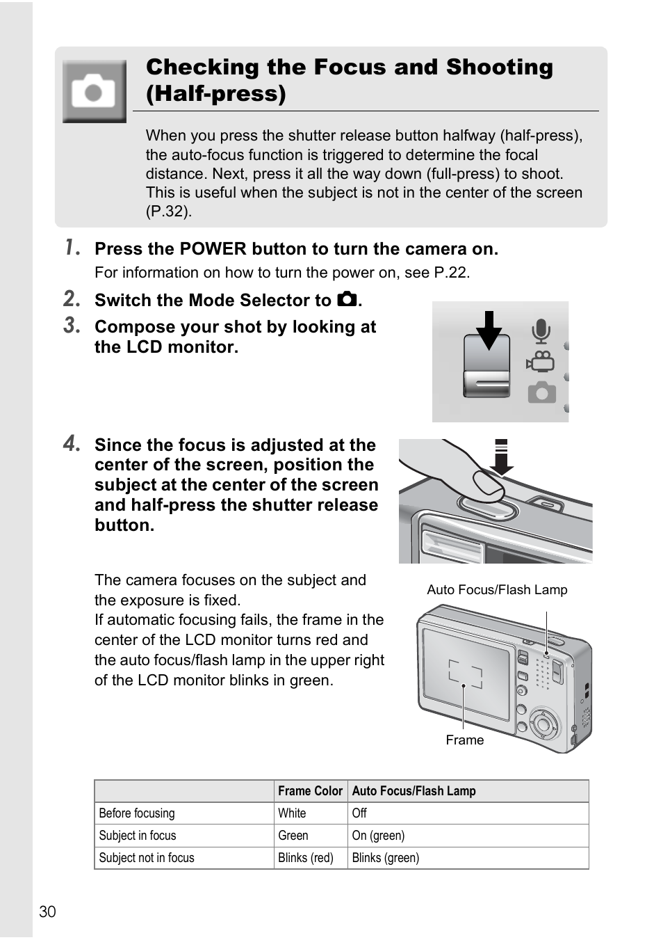 Checking the focus and shooting (half-press) | Ricoh Caplio R40 User Manual | Page 32 / 185