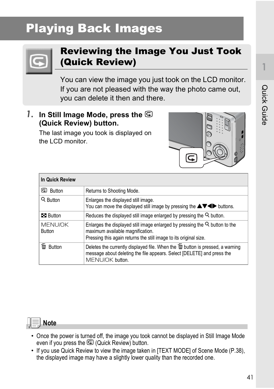 Playing back images, Reviewing the image you just took (quick review) | Ricoh Caplio R40 User Manual | Page 43 / 185